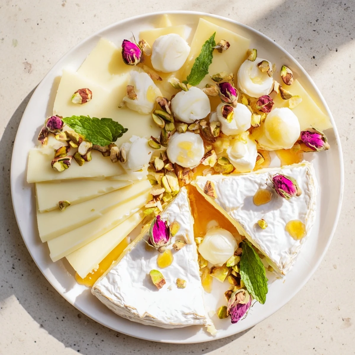 Vibrant image of a Rose Garden Romantic Platter, featuring artisanal cheese and sweet fruit for sharing.