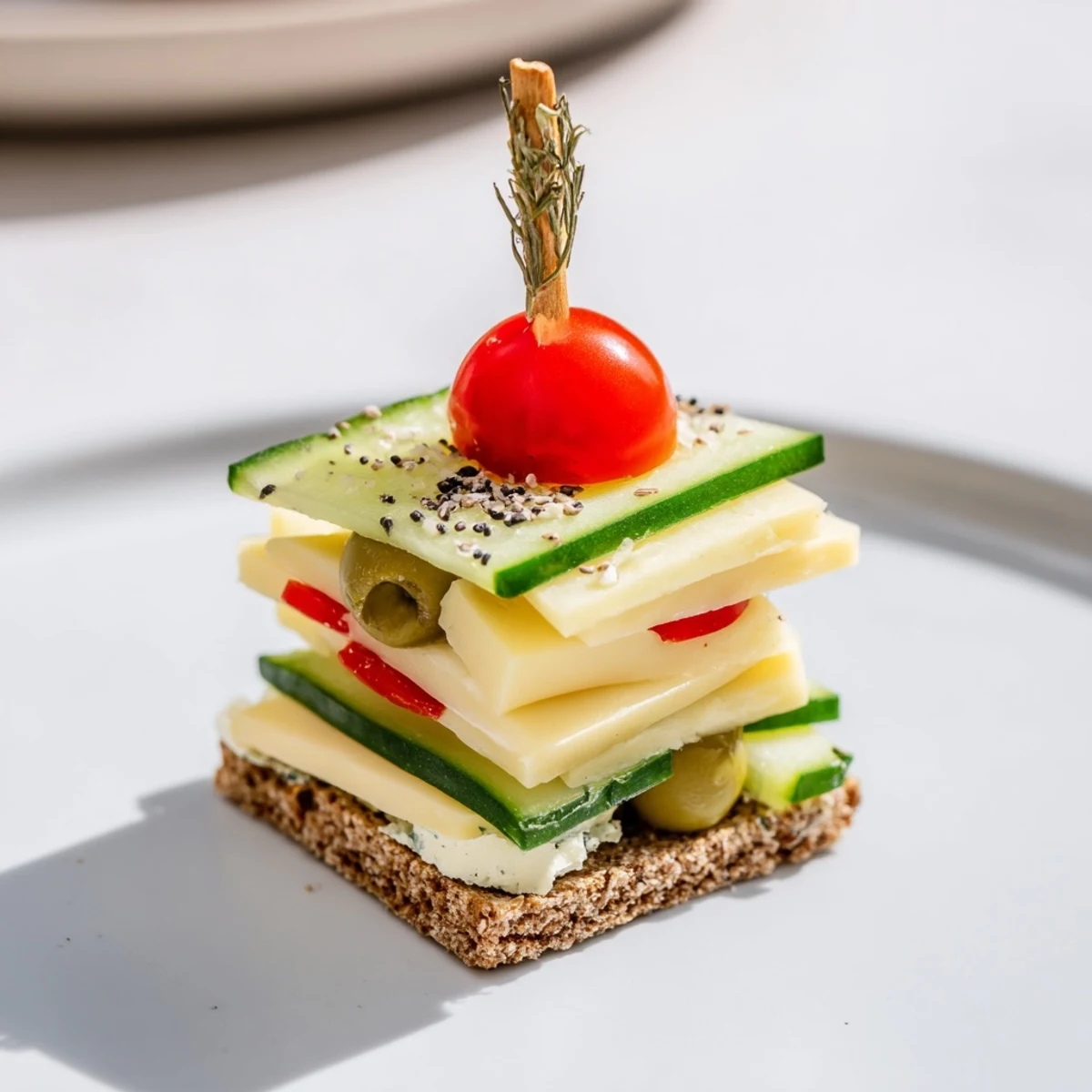 Urban Skyscraper Appetizers with colorful cucumber and pepper slices reaching high.