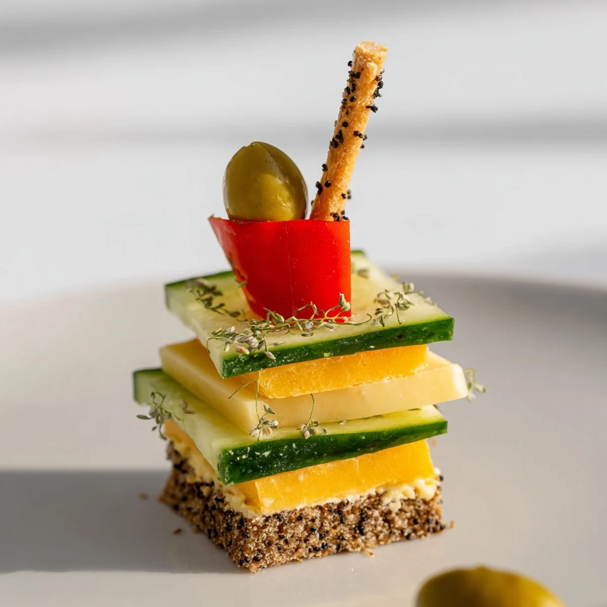 Appetizing photo shows unique Urban Skyscraper Appetizers with olive accents atop cracker "buildings."