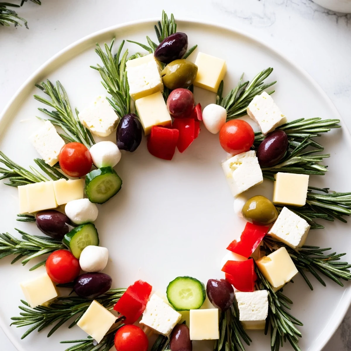 Close-up of a delicious Cheese & Olives wreath, packed with olives, cheese, and fresh veggies.