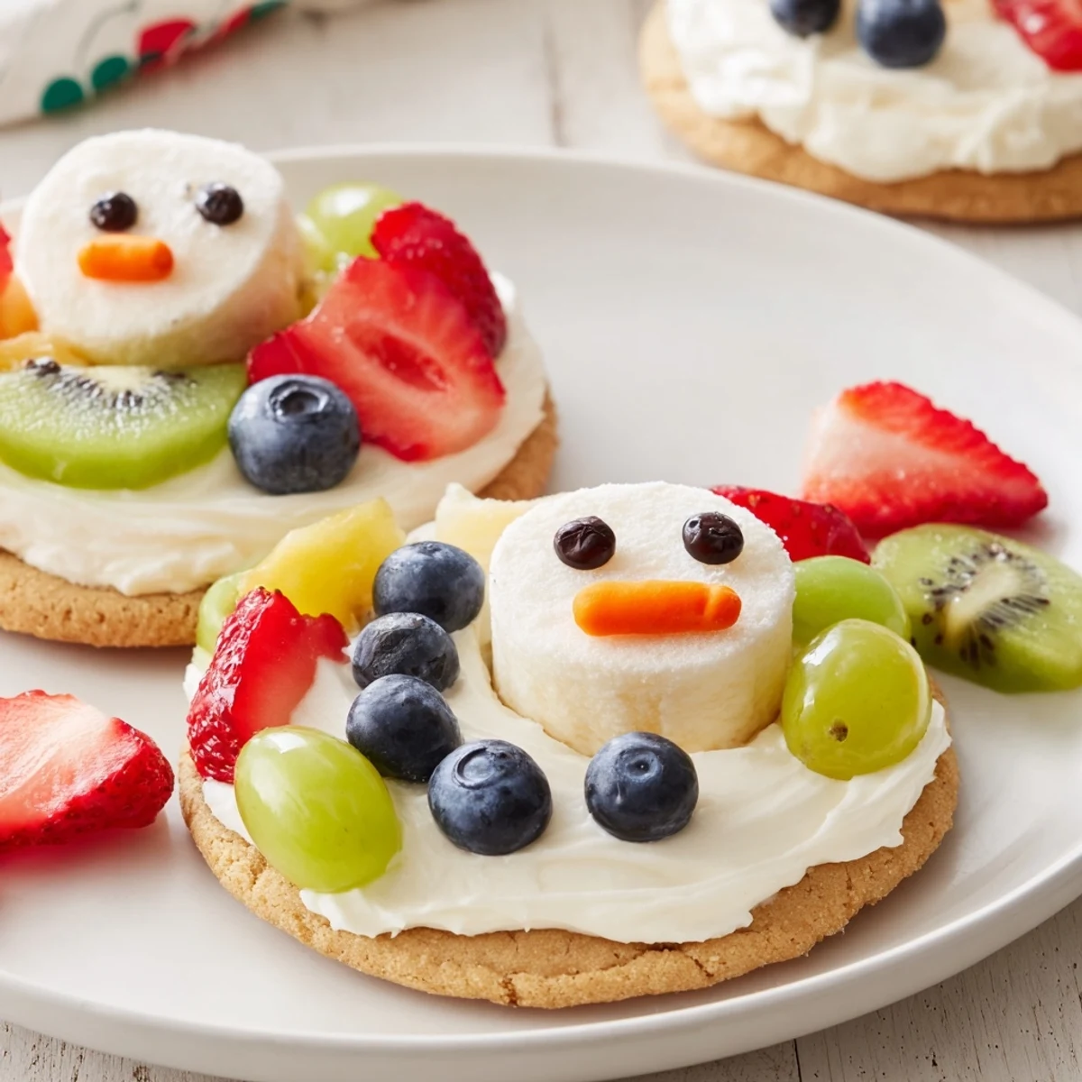 Vibrant Melting Snowman Fruit Pizza: A sweet sugar cookie base topped with fresh, colorful berries and fruit.