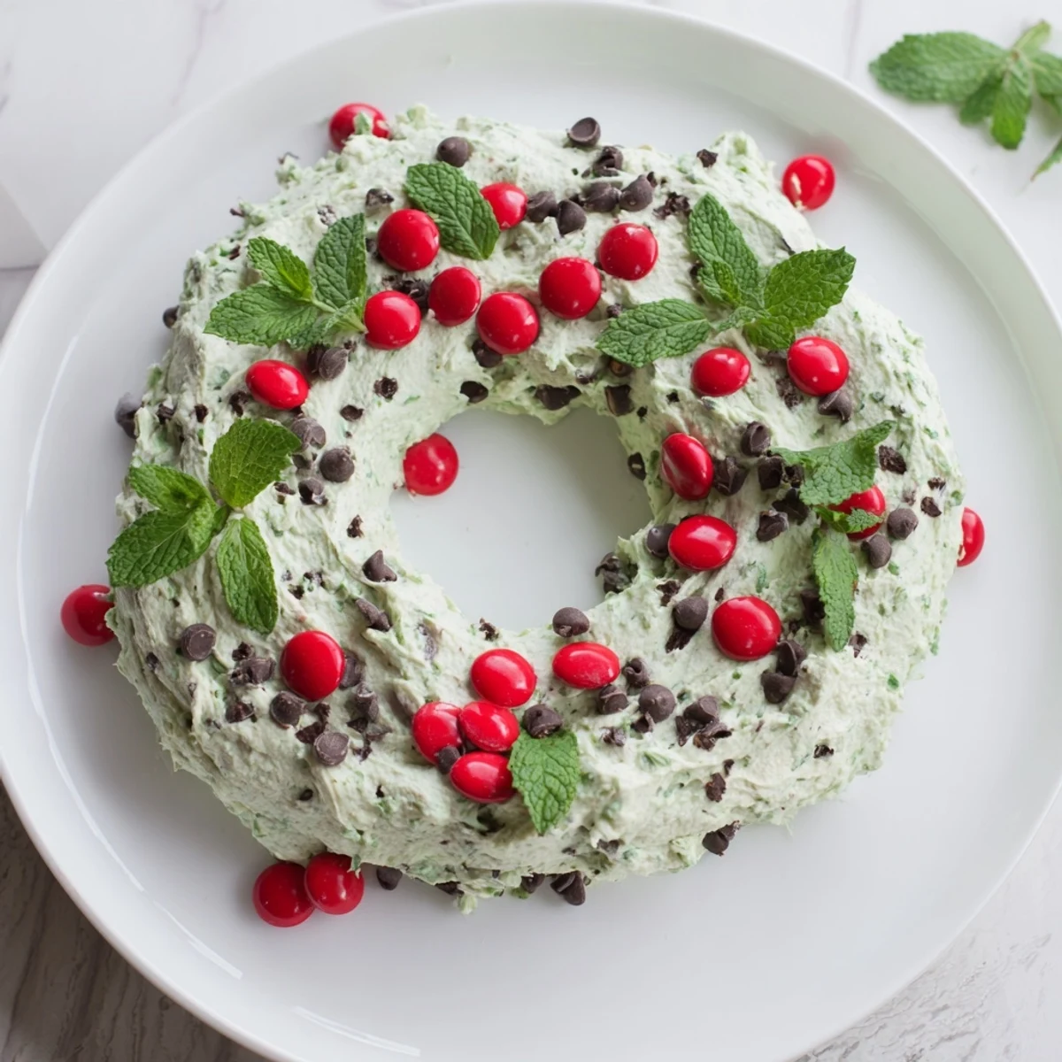 Festive Mint Chocolate Chip Dip Wreath, a creamy dessert decorated with mint and red candies.