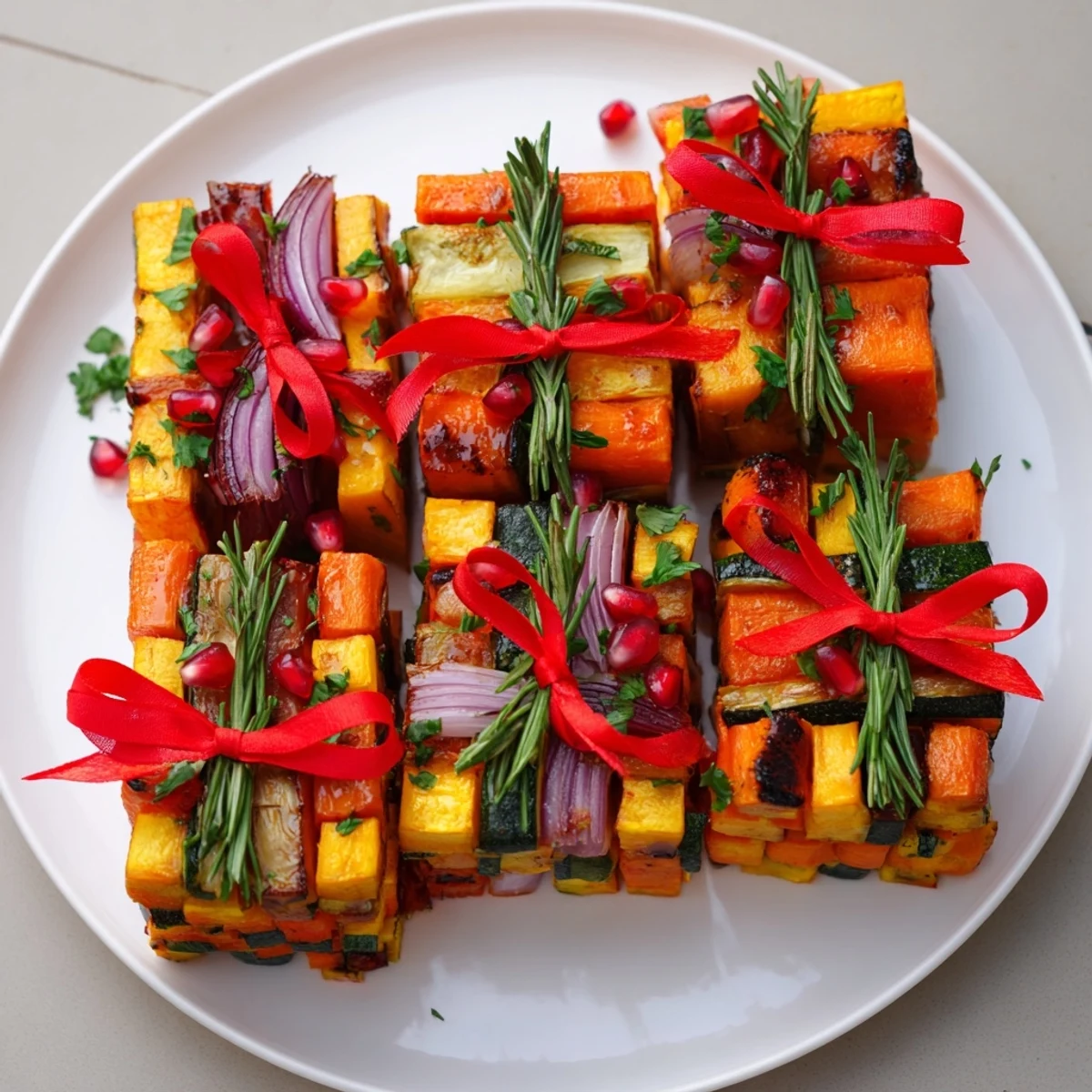 These festive veggie crates feature roasted carrots and zucchini, garnished with chives and pomegranate.