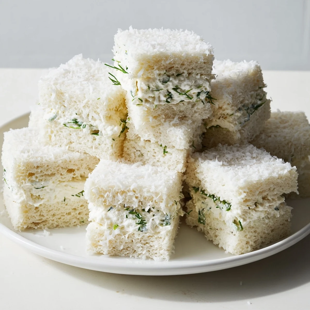 Close-up of fluffy Snowball Tea Sandwich Bites, coated in coconut, a delightful appetizer.