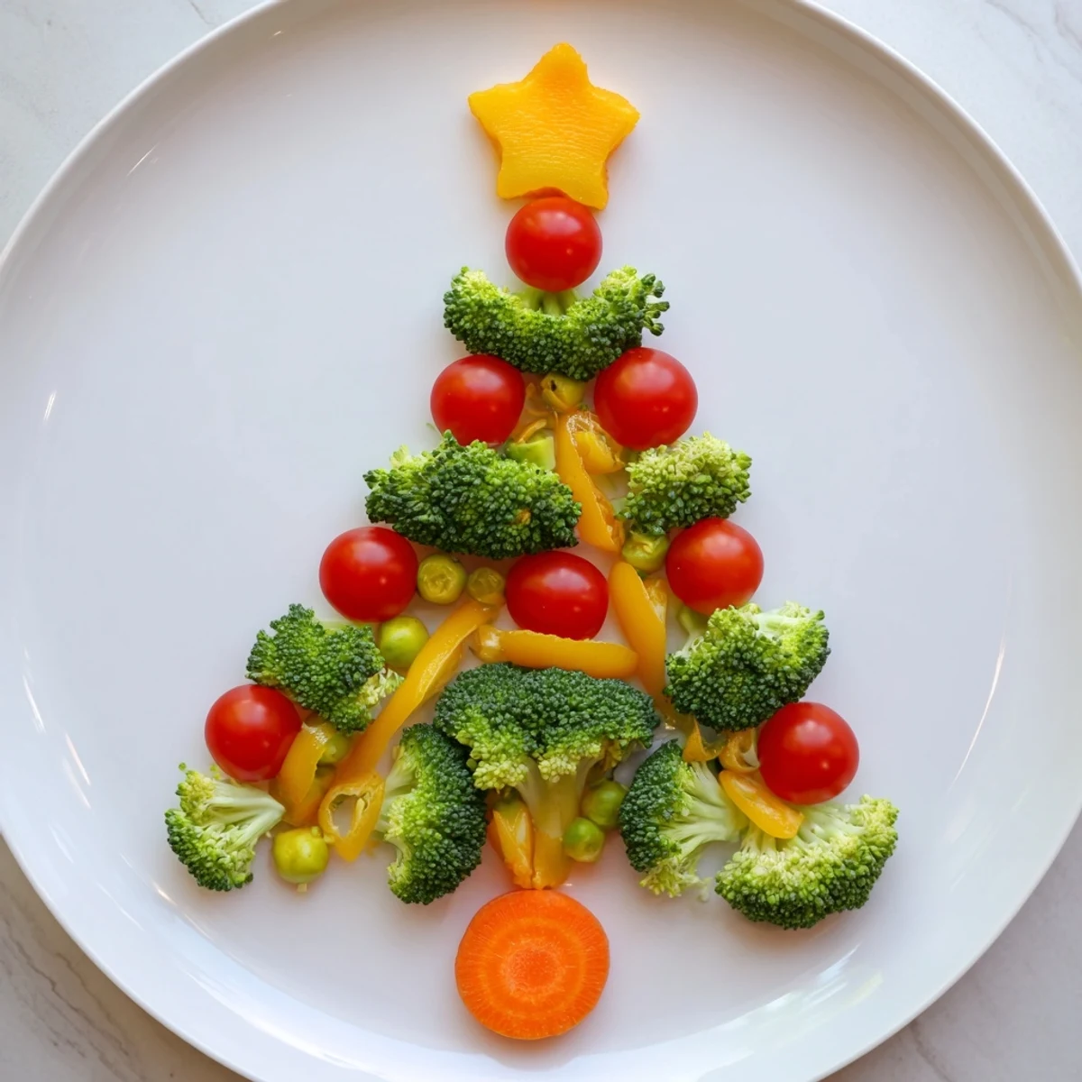 Festive Broccoli Tree with Cherry Tomato ornaments, a colorful, healthy appetizer ready to serve.
