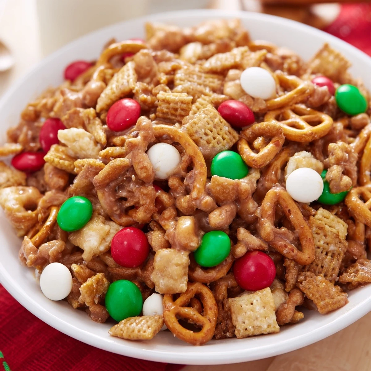 Golden and crunchy Holiday Mix, featuring Chex cereal and festive candies, ready to eat.