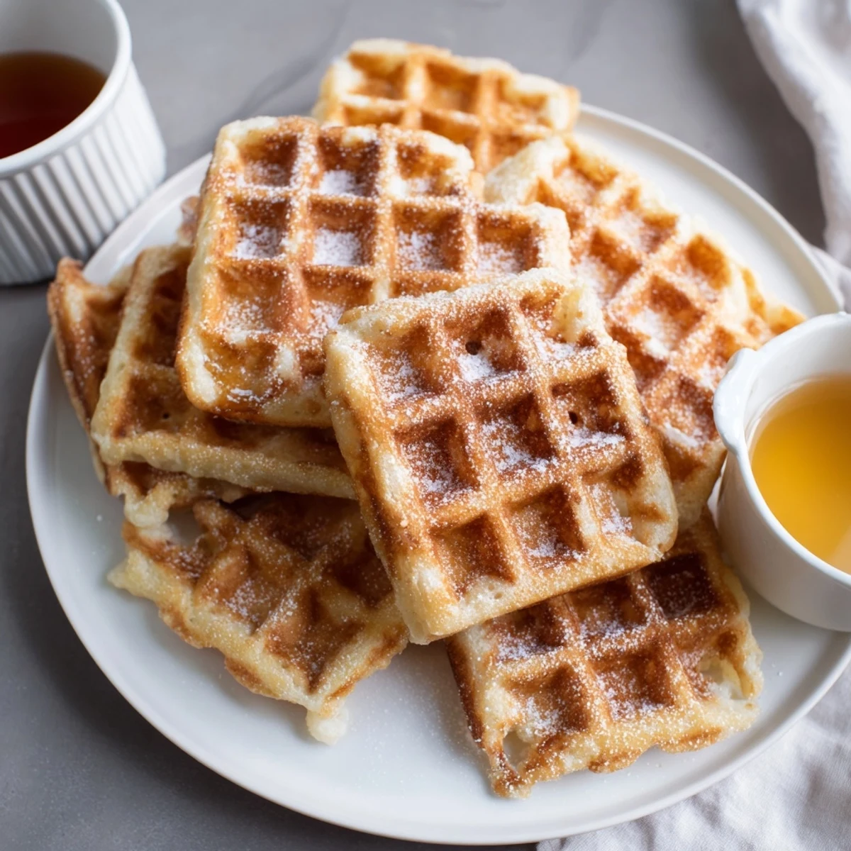 Crispy waffle quarters, a delicious brunch, with a side of maple syrup for dipping and enjoyment.