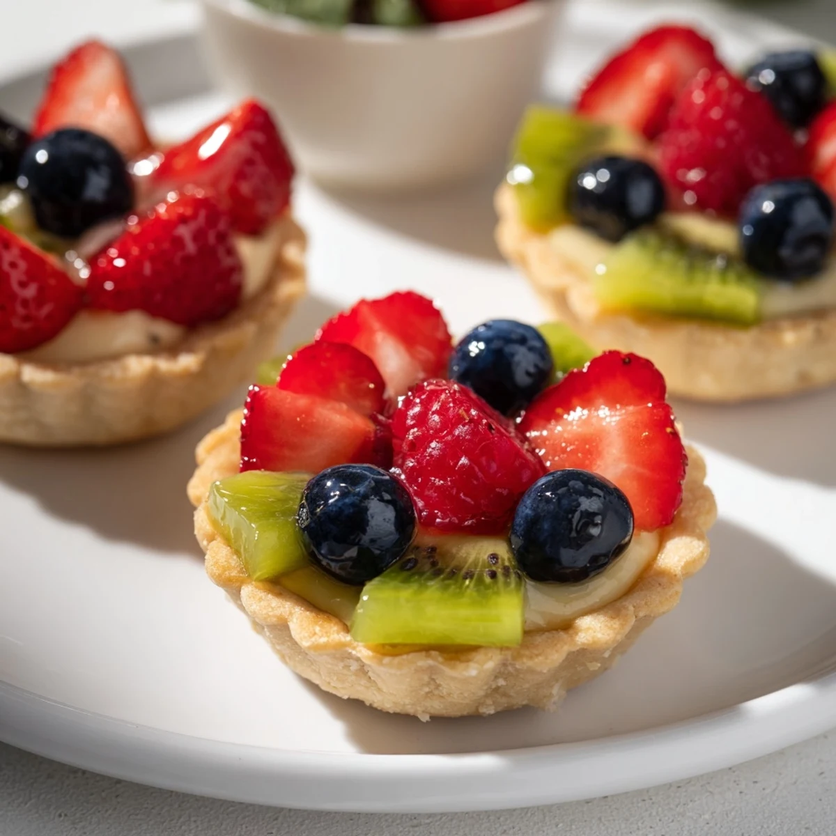 Vibrant circle of Mini Fruit Tartlets, showcasing plump berries and creamy pastry within buttery crusts.