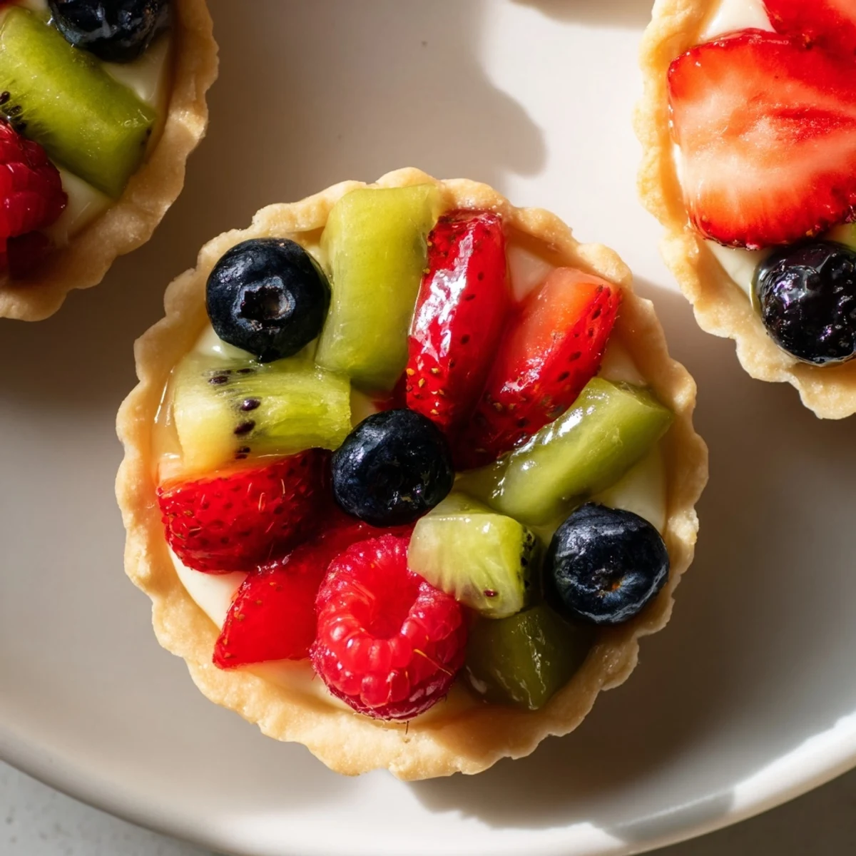 Freshly baked Mini Fruit Tartlets arranged beautifully, offering a mix of textures and bright fruit flavors.