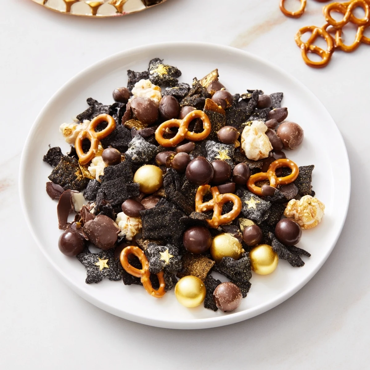 Golden candy-coated chocolates and midnight black cereal create stunning Gold and Black Midnight Snack Mix.