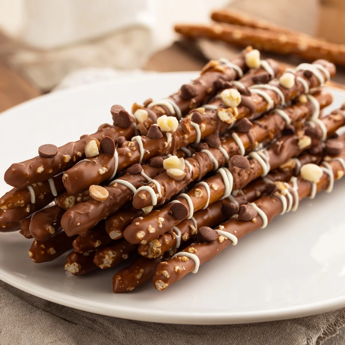 Crispy chocolate covered pretzel stick stacks layered with white chocolate drizzle, ready to eat.