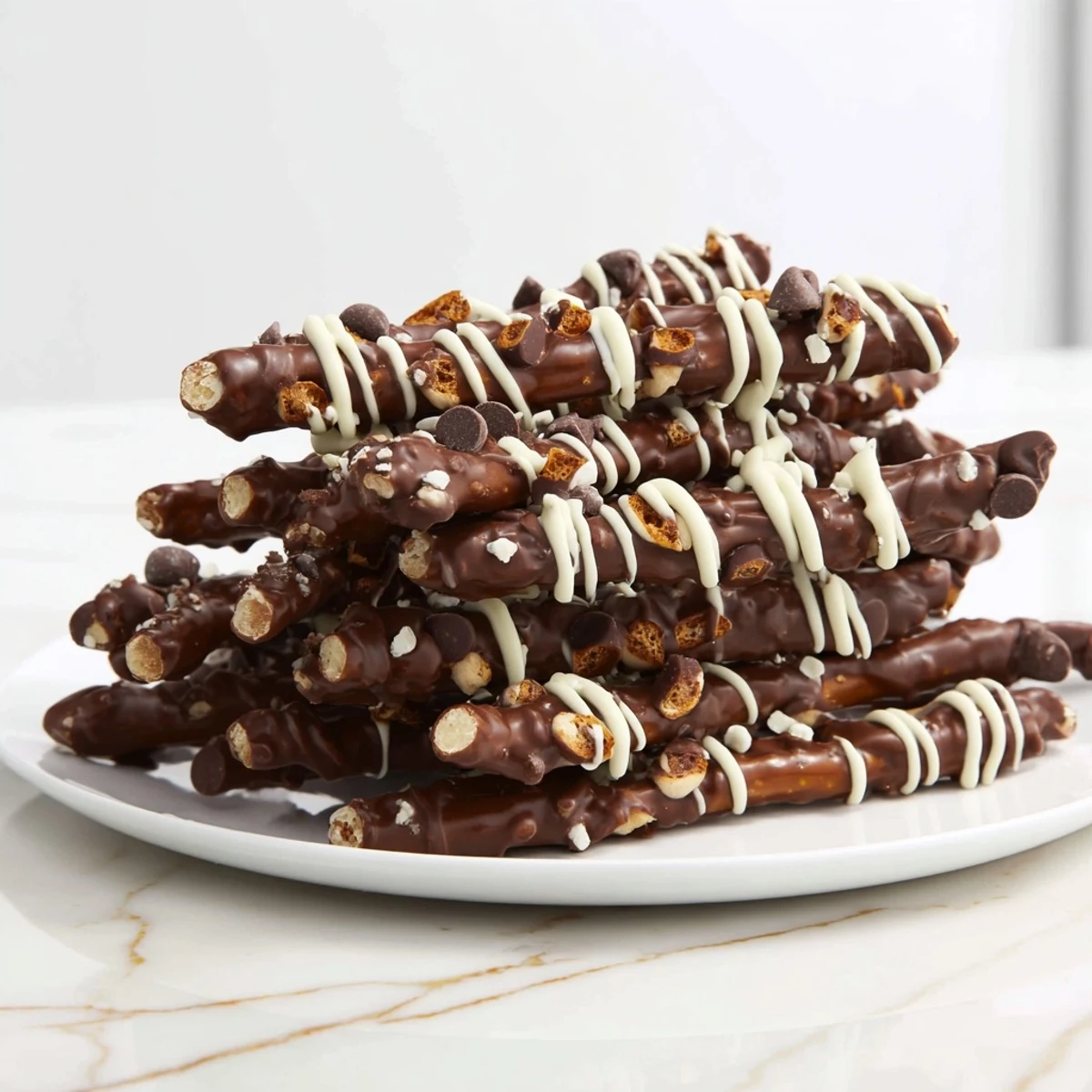 Sweet and salty chocolate covered pretzel stick stacks, arranged and ready for a party dessert.