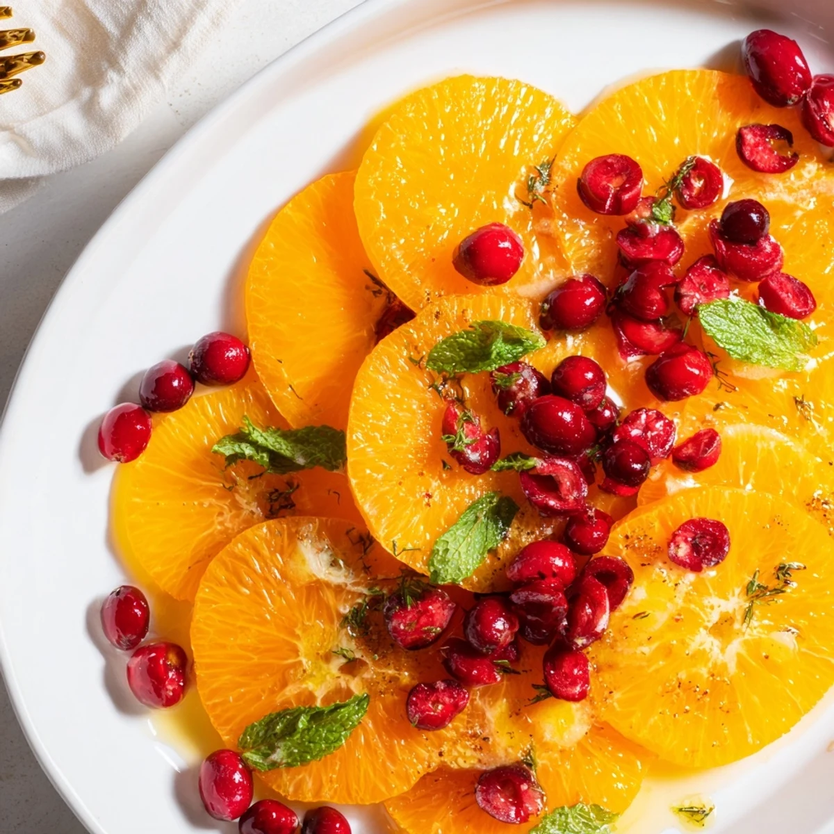 Vivid red cranberries scattered over sunny orange slices, a beautiful Winter Fruit salad ready to serve.