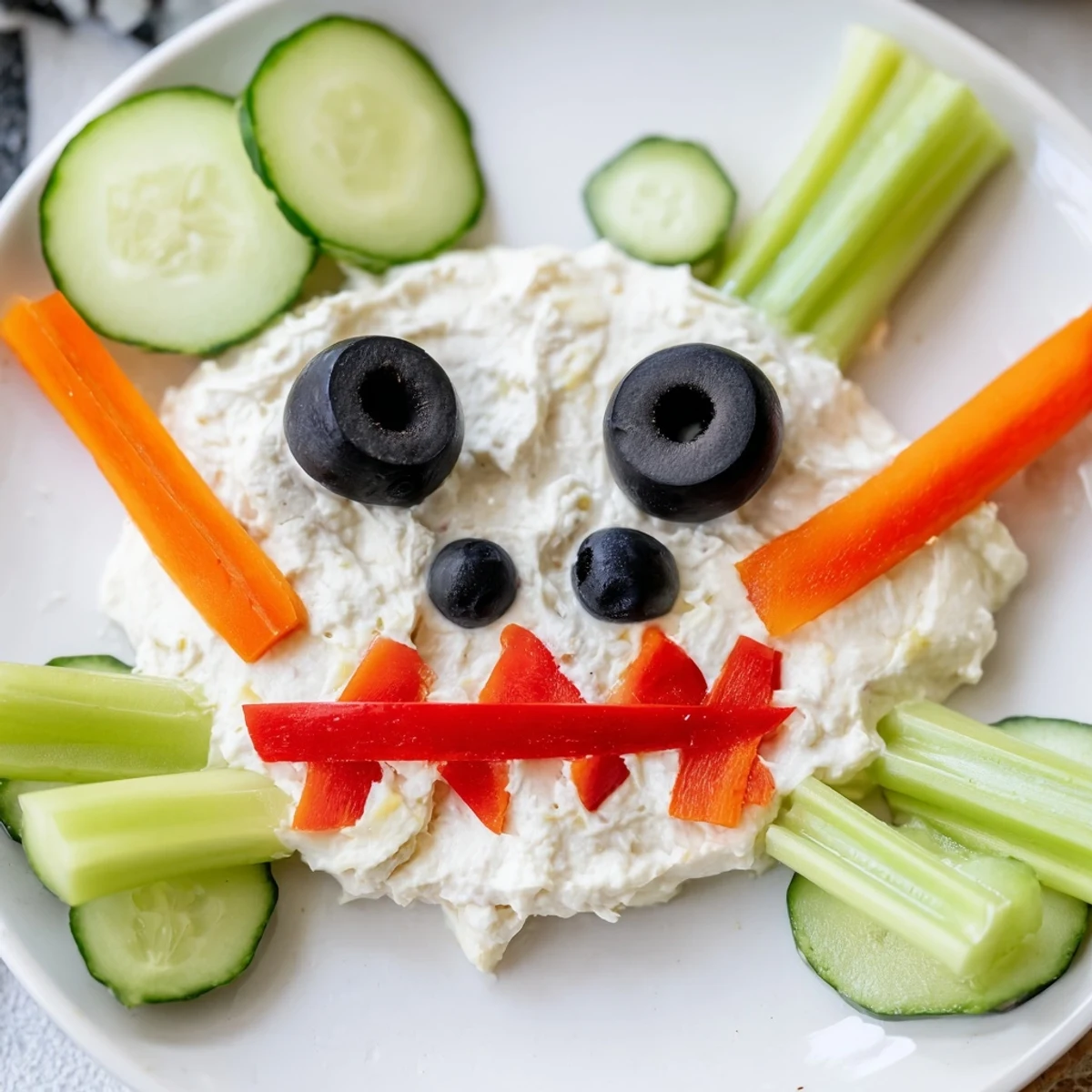A spooky Skull & Bones Spooky Spread appetizer with creamy white spread arranged as a Halloween skull.