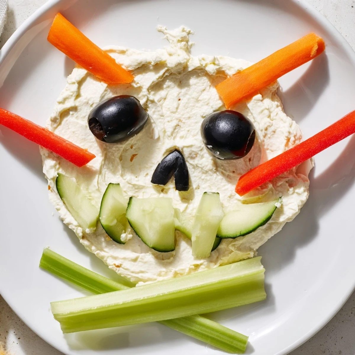 This Skull & Bones Spooky Spread features a festive creamy dip skull with black olive eyes and carrot teeth.