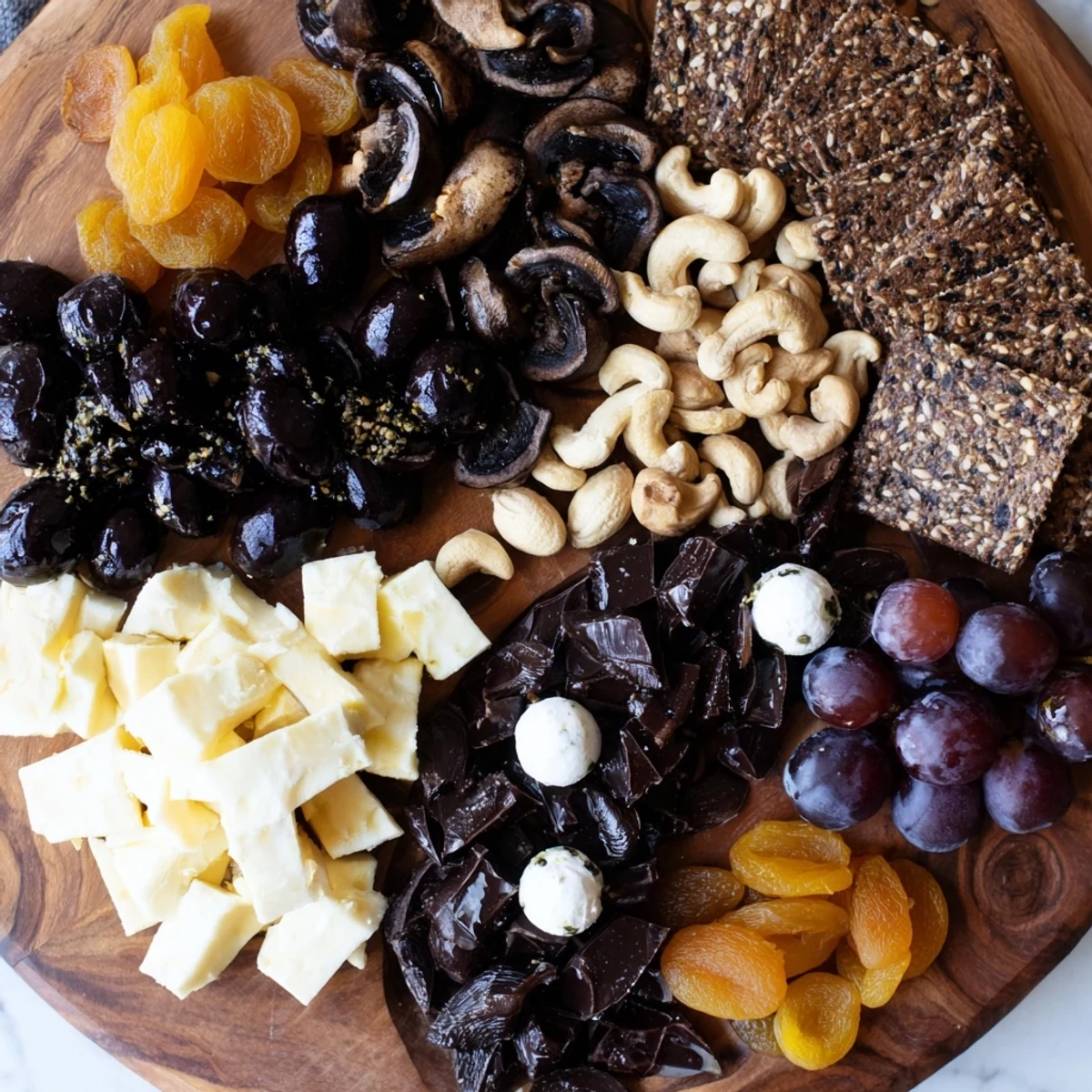 This Yin and Yang Balance Board recipe image shows a balanced arrangement of dark and light snacks for serving.
