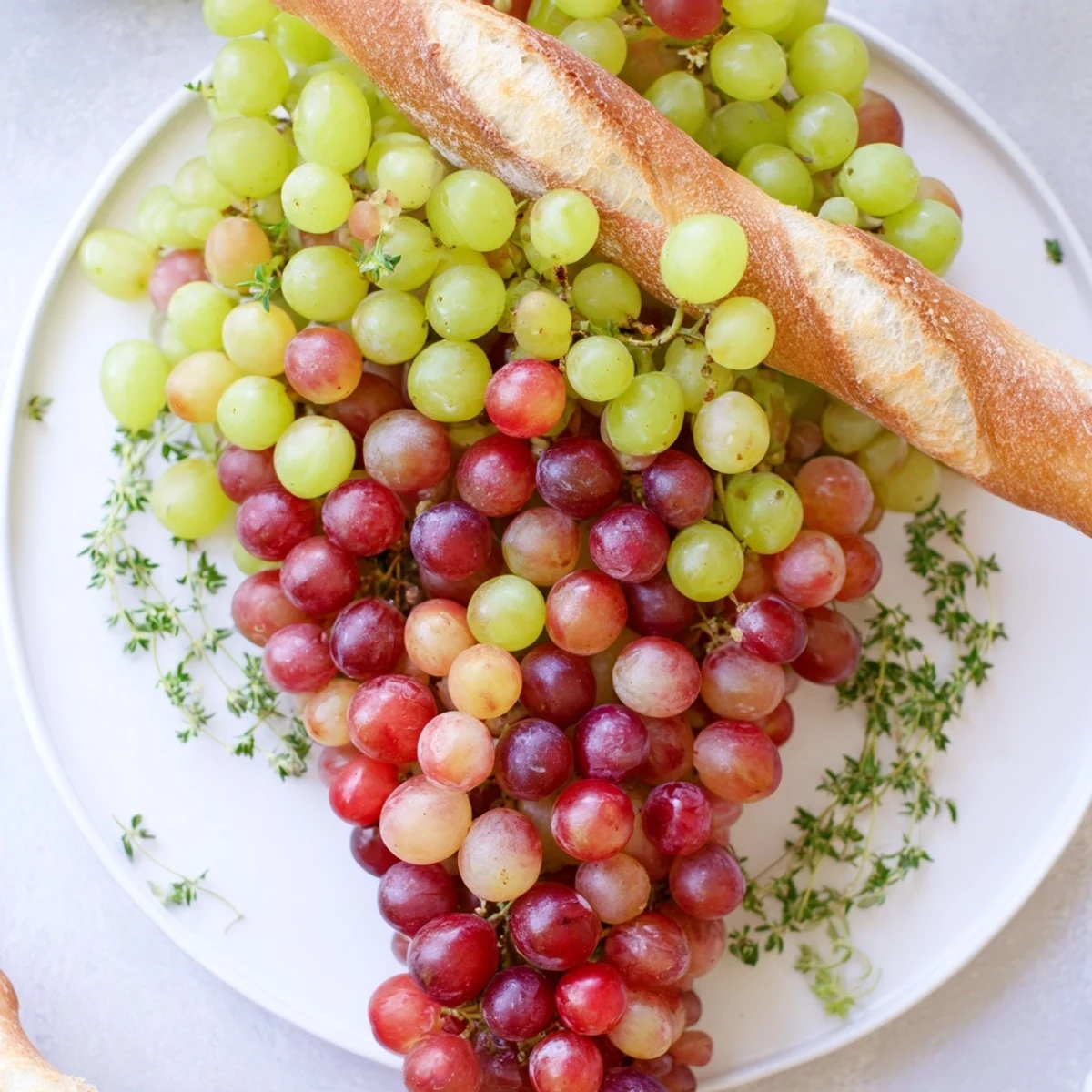 Fresh, cascading vineyard grape cluster appetizer, beautifully arranged with a bread stem, ready for guests.