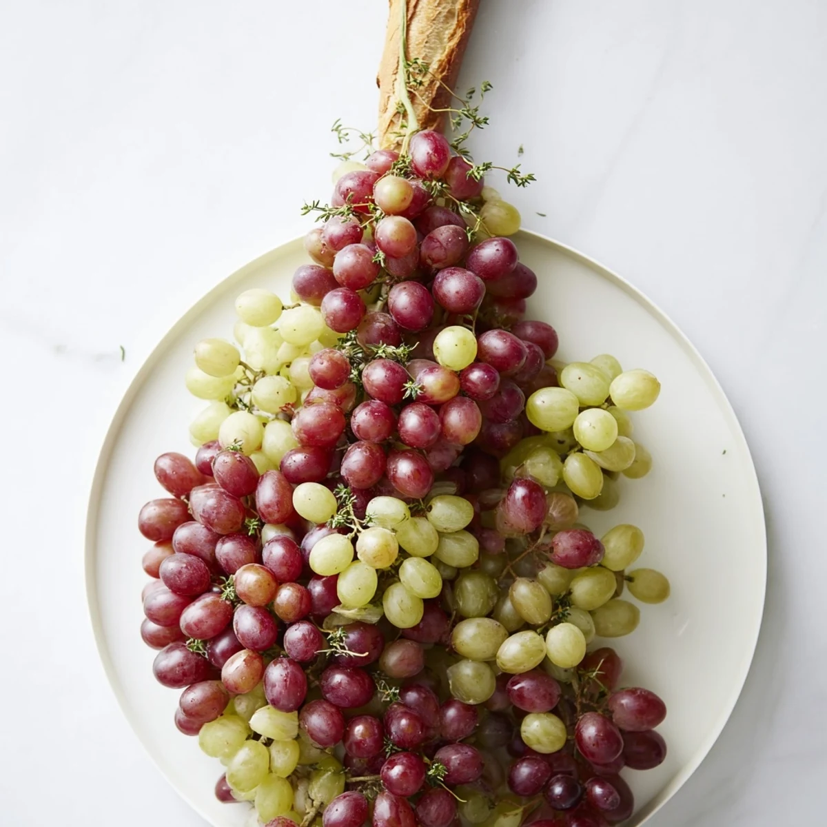 Enjoy this easy appetizer: a picturesque vineyard grape cluster with fresh grapes and rustic bread.