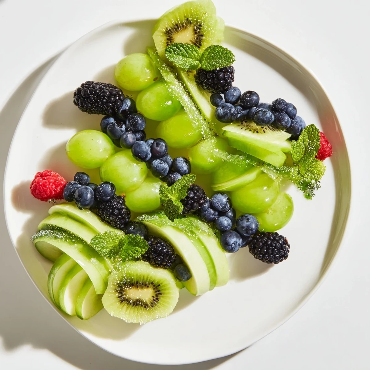 Freshly prepared Aurora Borealis Sweep, this dessert showcases a flowing fruit landscape, ready to enjoy.