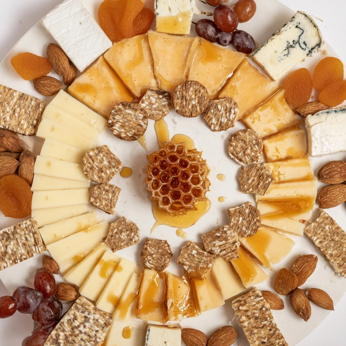 A beautiful The Gilded Hive cheese board displays artistic hexagon cheese and crackers, perfect for elegant gatherings.