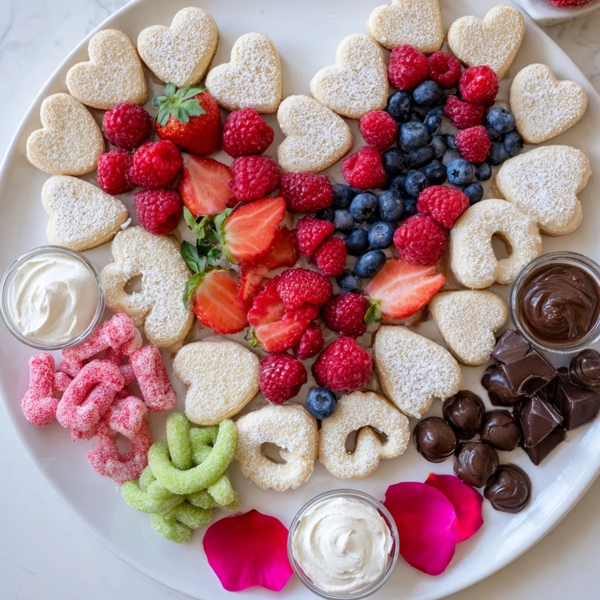 A delightful Love Letter Dessert Board with fresh berries and heart-shaped cookies ready to enjoy.
