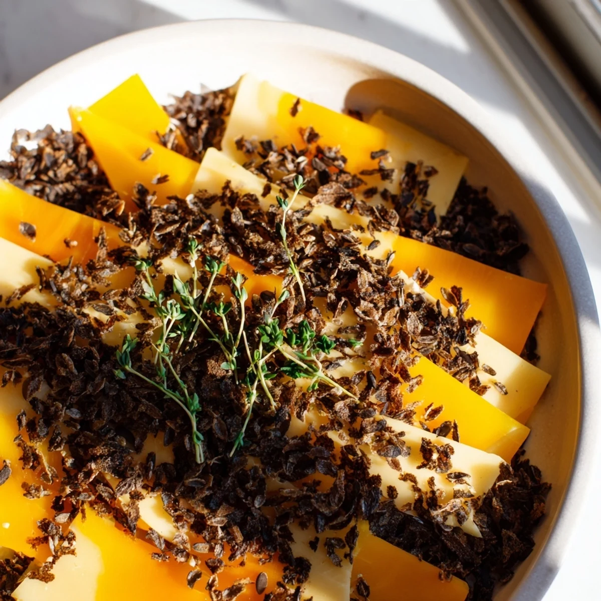 Appetizing Serengeti Sunset appetizer with vibrant layers of apricots and deeply flavored smoked Gouda.