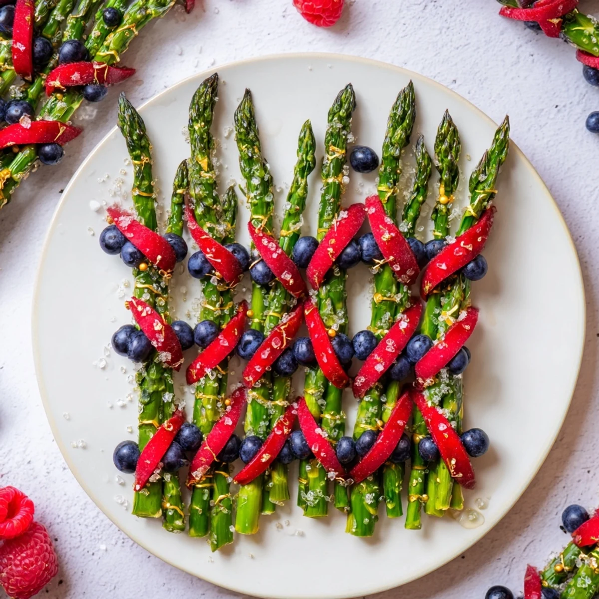 A beautifully woven Botanical Lattice appetizer with vibrant fruits, asparagus and chives.