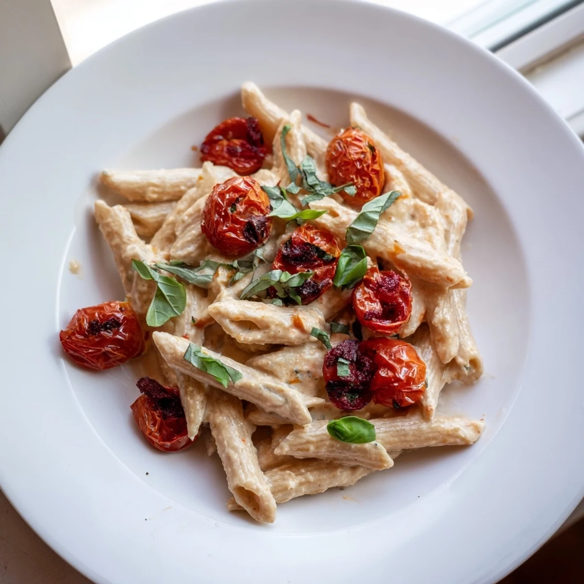 Tossed warm Baked Feta Pasta with Cranberries, garnished with fresh basil; a Mediterranean delight.