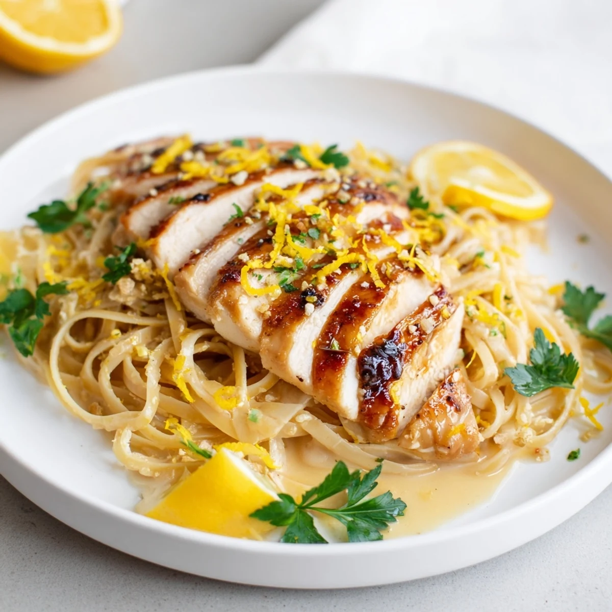 Pasta with Lemon Brûlée Chicken, a creamy, golden dish with caramelized chicken and fresh parsley.