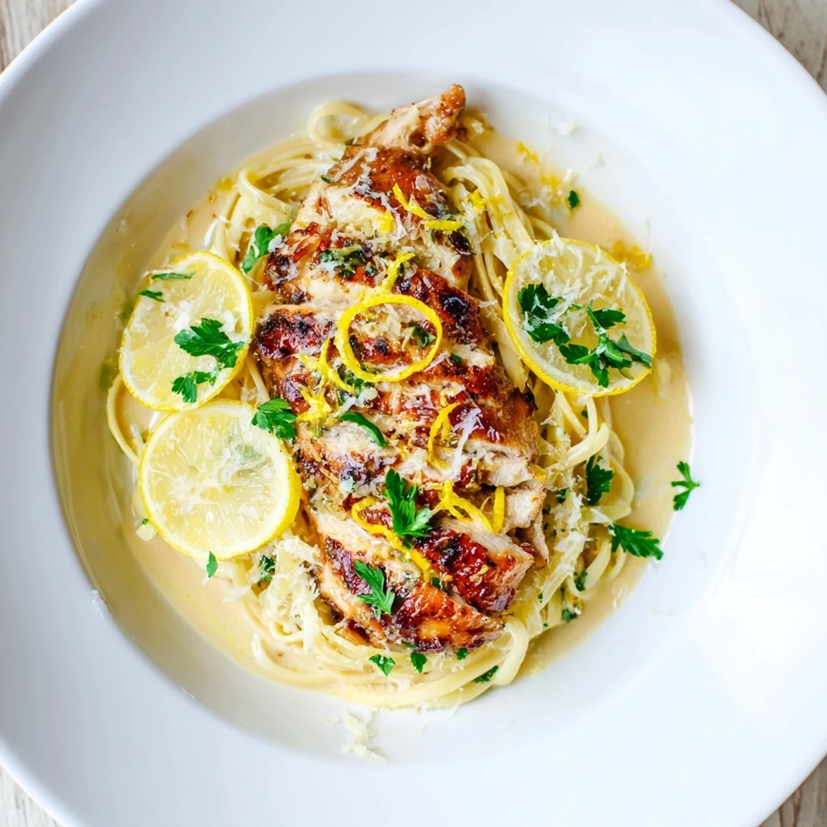 A close-up of Pasta with Lemon Brûlée Chicken, showcasing the glistening sauce and lemon zest garnish.
