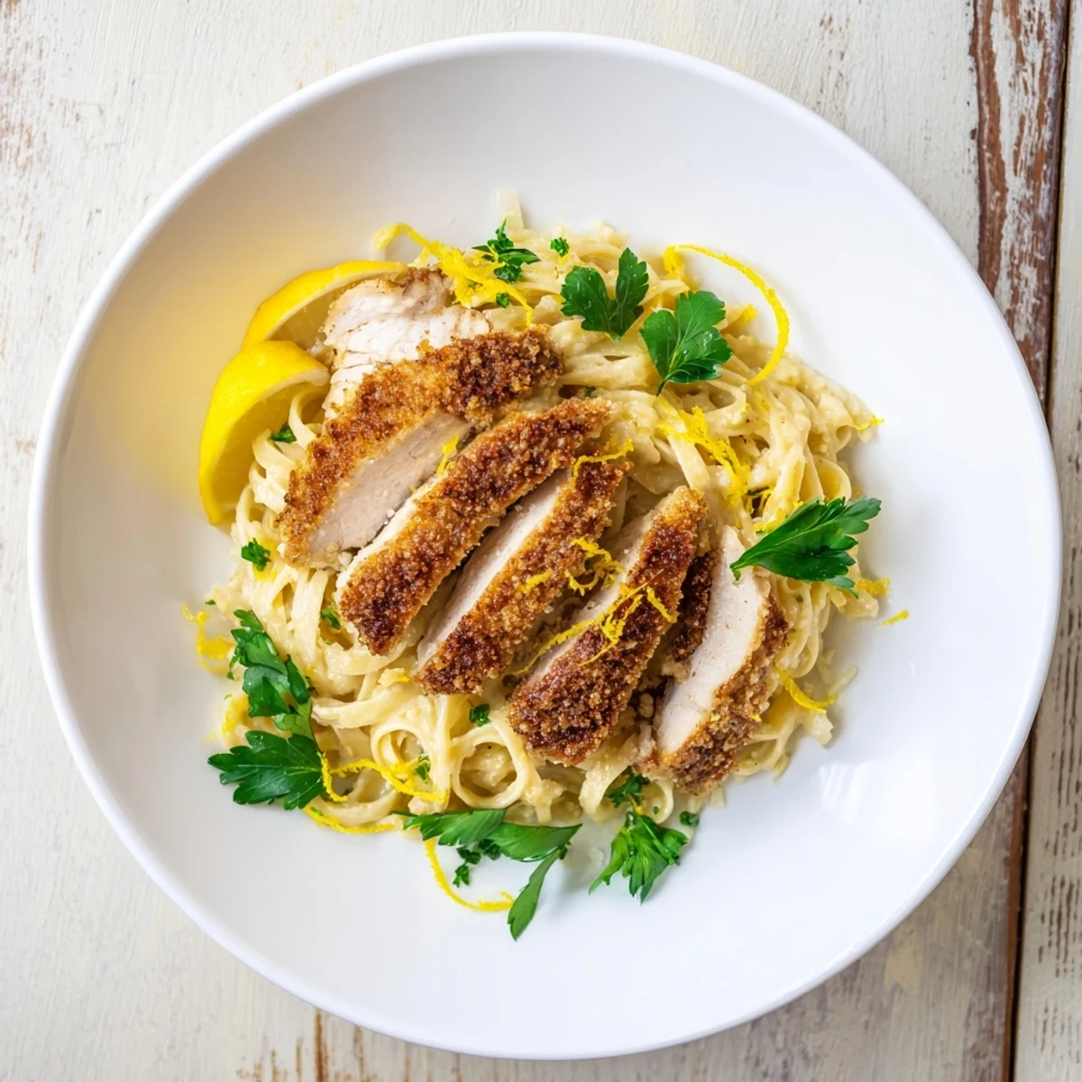Sliced, golden chicken tops creamy pasta in this tempting photo of Pasta with Lemon Brûlée Chicken.