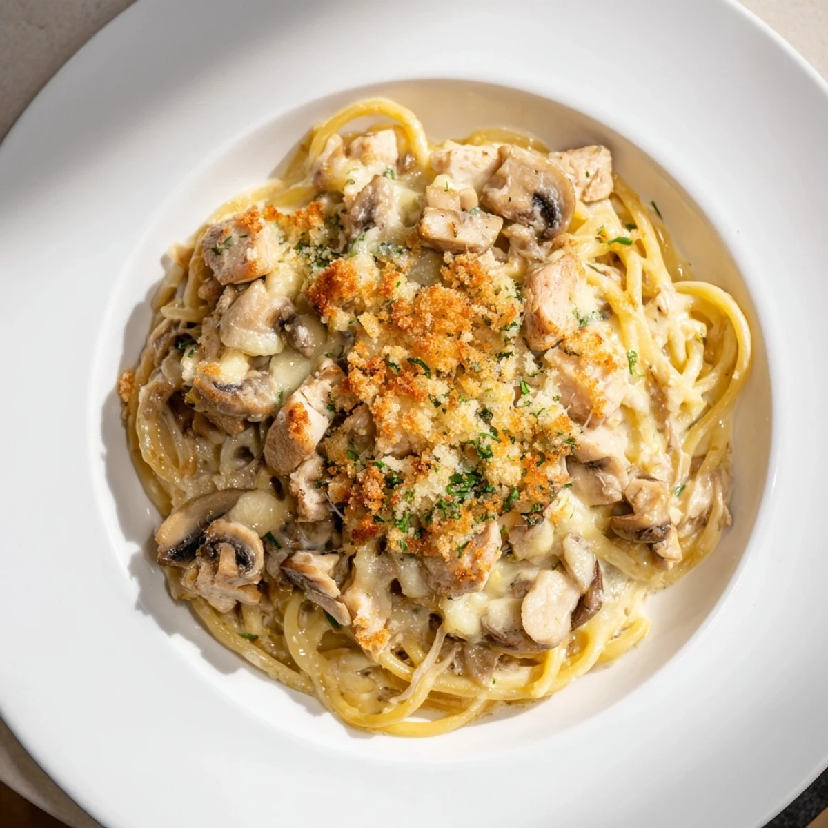 Golden and bubbly Turkey Tetrazzini with a creamy sauce and crunchy panko topping, ready to serve.