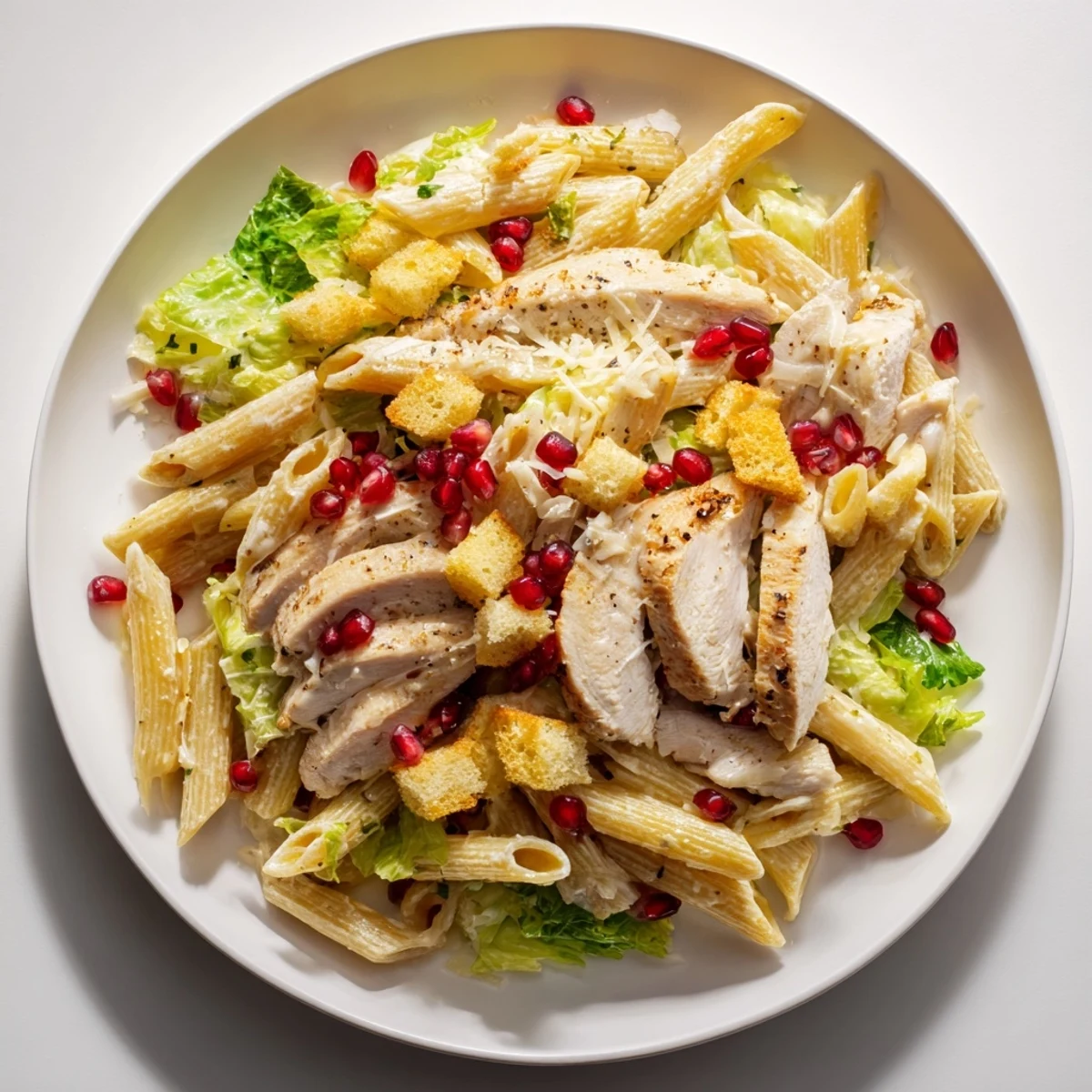 Creamy Chicken Caesar Pasta loaded with penne, Romaine, pomegranate jewels, and shaved Parmesan.