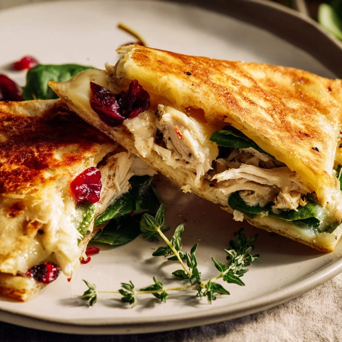 Chicken and Brie Holiday Wrap, melty brie and shredded chicken nestled in a toasted tortilla.