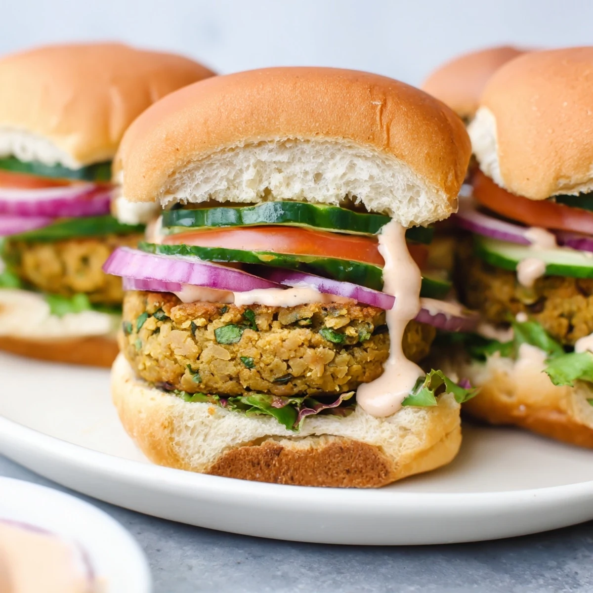 Golden-brown Baked Falafel Sliders, overflowing with fresh vegetables and creamy tahini sauce, ready to eat.