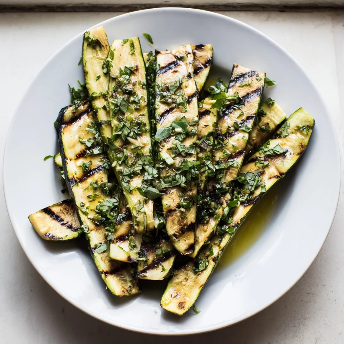Savory Garlic Herb Grilled Zucchini slices, a simple, delicious side dish, with herbs adding freshness.