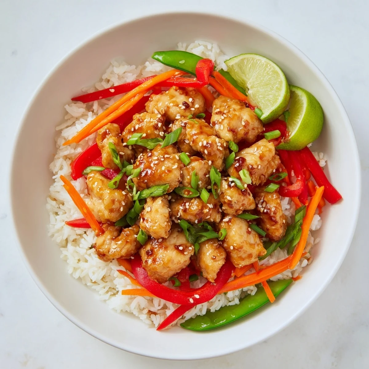 Steaming hot Sesame Ginger Rice Bowl, showcasing tender chicken with vibrant, crisp Asian vegetables.