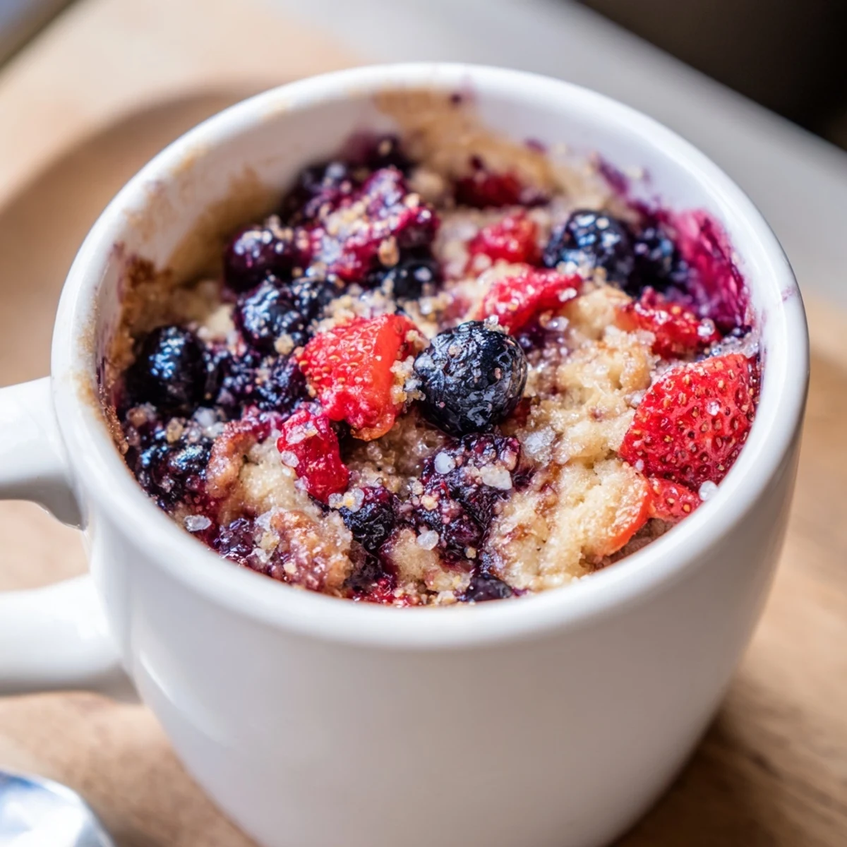 Imagine a close-up of this Mixed Berry Cobbler Mug Cake, bursting with colorful, sweet berries.