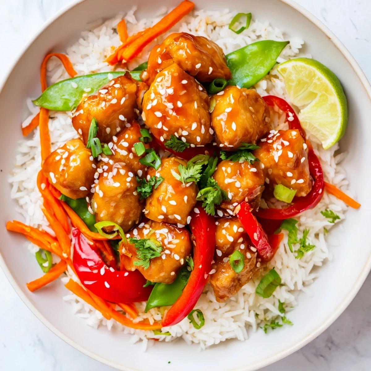 Steaming hot Sesame Ginger Rice Bowl, showcasing tender chicken with vibrant, crisp Asian vegetables.
