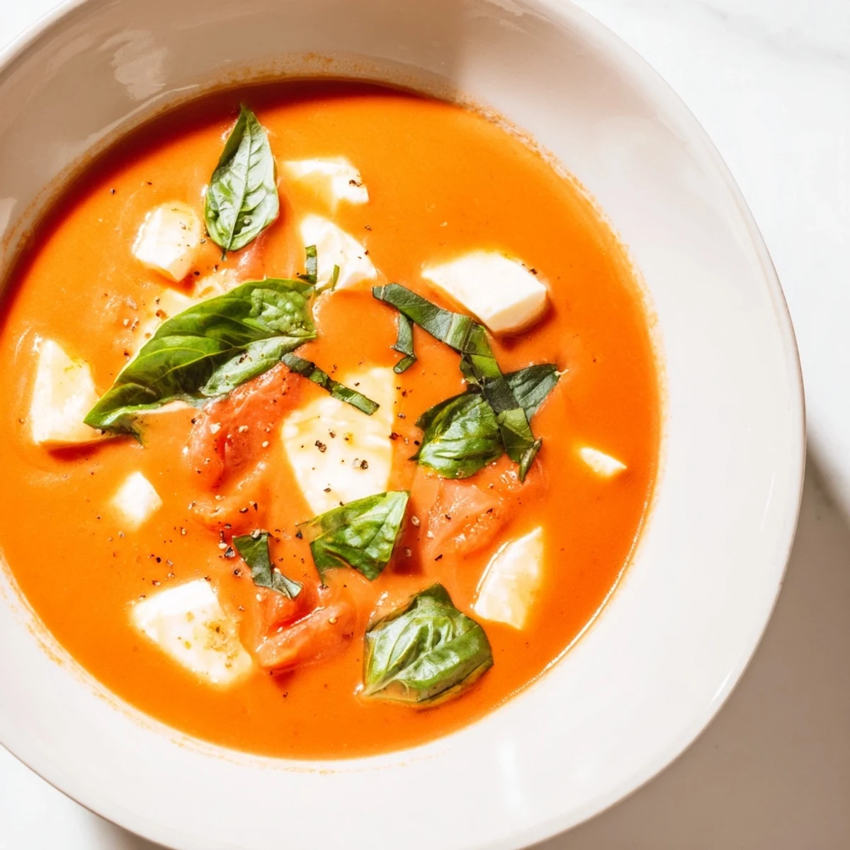 A bowl of creamy tomato mozzarella soup, garnished with fresh basil, ready to enjoy.