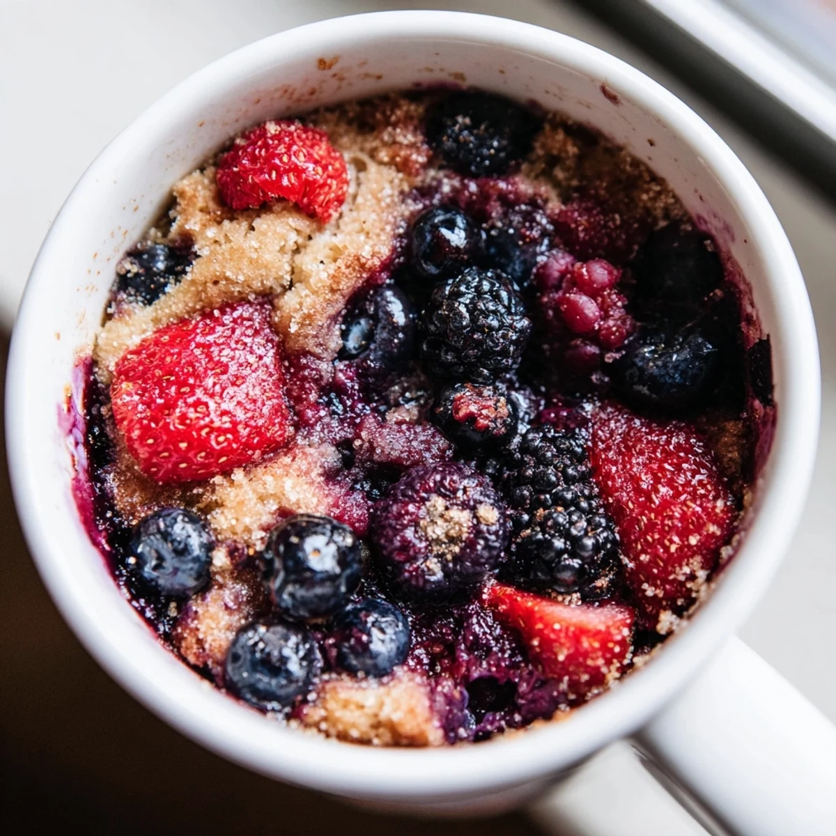 Enjoy a single-serve Mixed Berry Cobbler Mug Cake; a dessert perfectly cooked in the microwave.