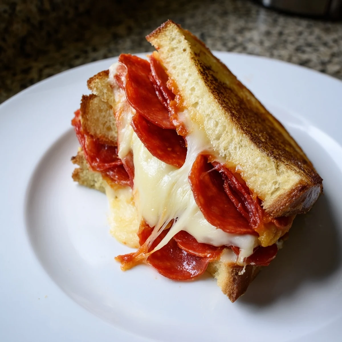 Golden-brown Pizza Grilled Cheese sandwich, oozing melted mozzarella and pepperoni slices, ready to serve with marinara.