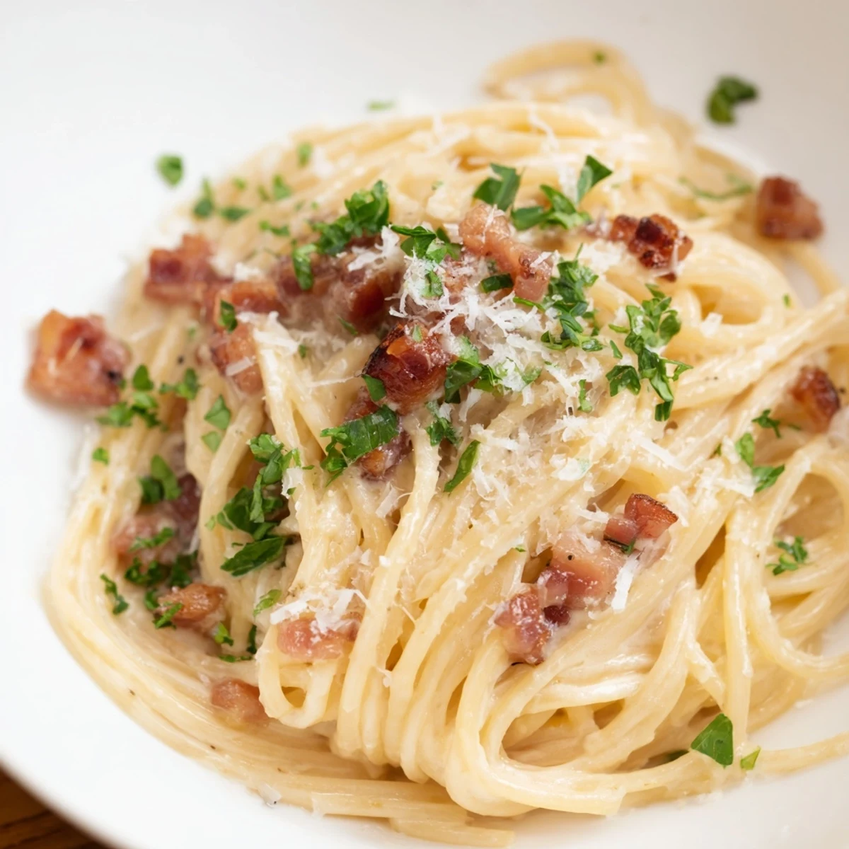 A delicious bowl of creamy garlic bacon pasta, perfectly coated and steaming hot, with parmesan.