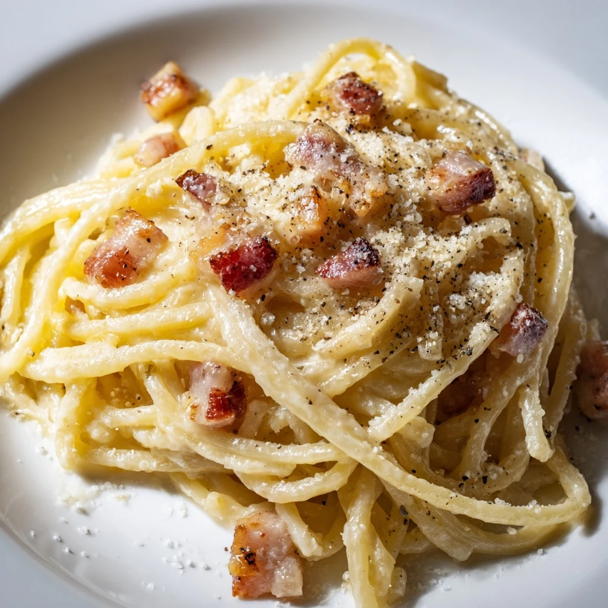 A bowl of Express Spaghetti Carbonara: creamy pasta coated in rich, eggy sauce with crispy bacon.