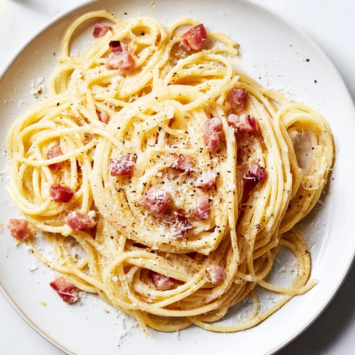 This close-up shows the delicious saucy texture of Express Spaghetti Carbonara sprinkled with fresh Parmesan cheese.