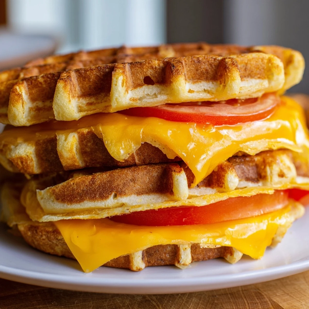 Golden, crispy Waffle Grilled Cheese with melted cheese oozing from between crisp, golden bread.