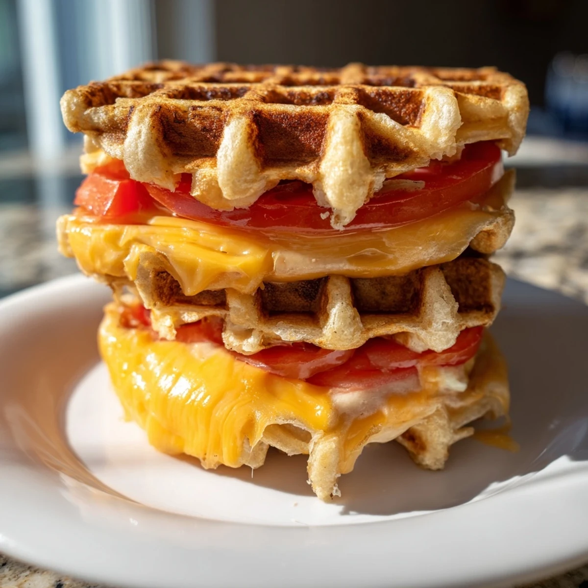 Enjoy the delicious, melty cheese pulling apart in this freshly made Waffle Grilled Cheese.
