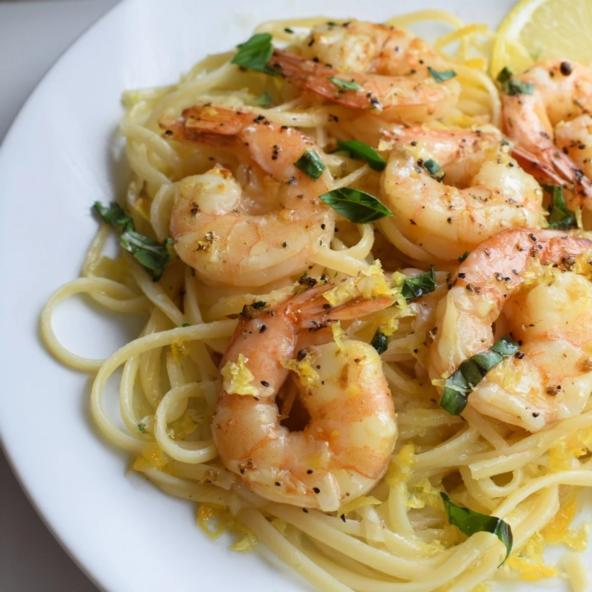 Lemony Lemon Herb Pasta with Shrimp, a colorful plate of pasta swimming in flavorful sauce.