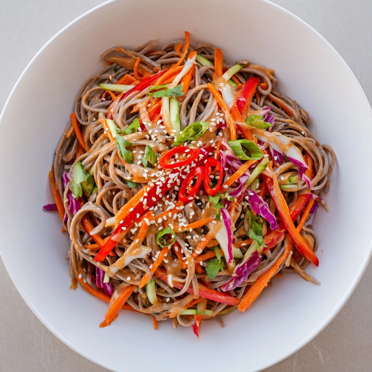 A bowl of delicious soba noodle salad ready to eat, featuring fresh ingredients and sesame seeds.