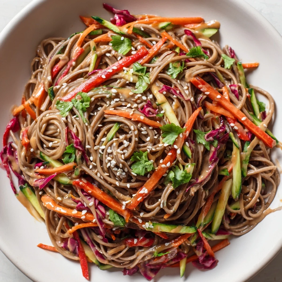 Close-up of a colorful soba noodle salad; a light, refreshing, and easy vegetarian meal.